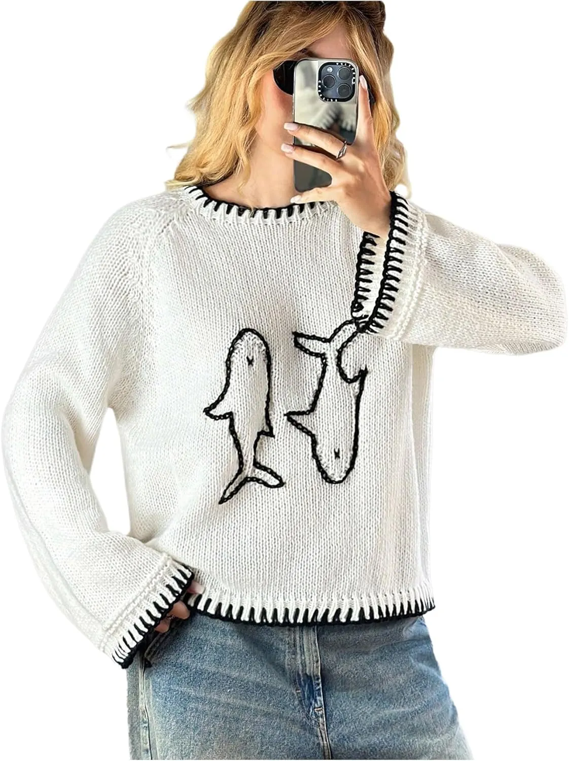 SHENHE Women's Oversized Graphic Pullover Sweater Crew Neck Cute Soft Knitted Sweater
