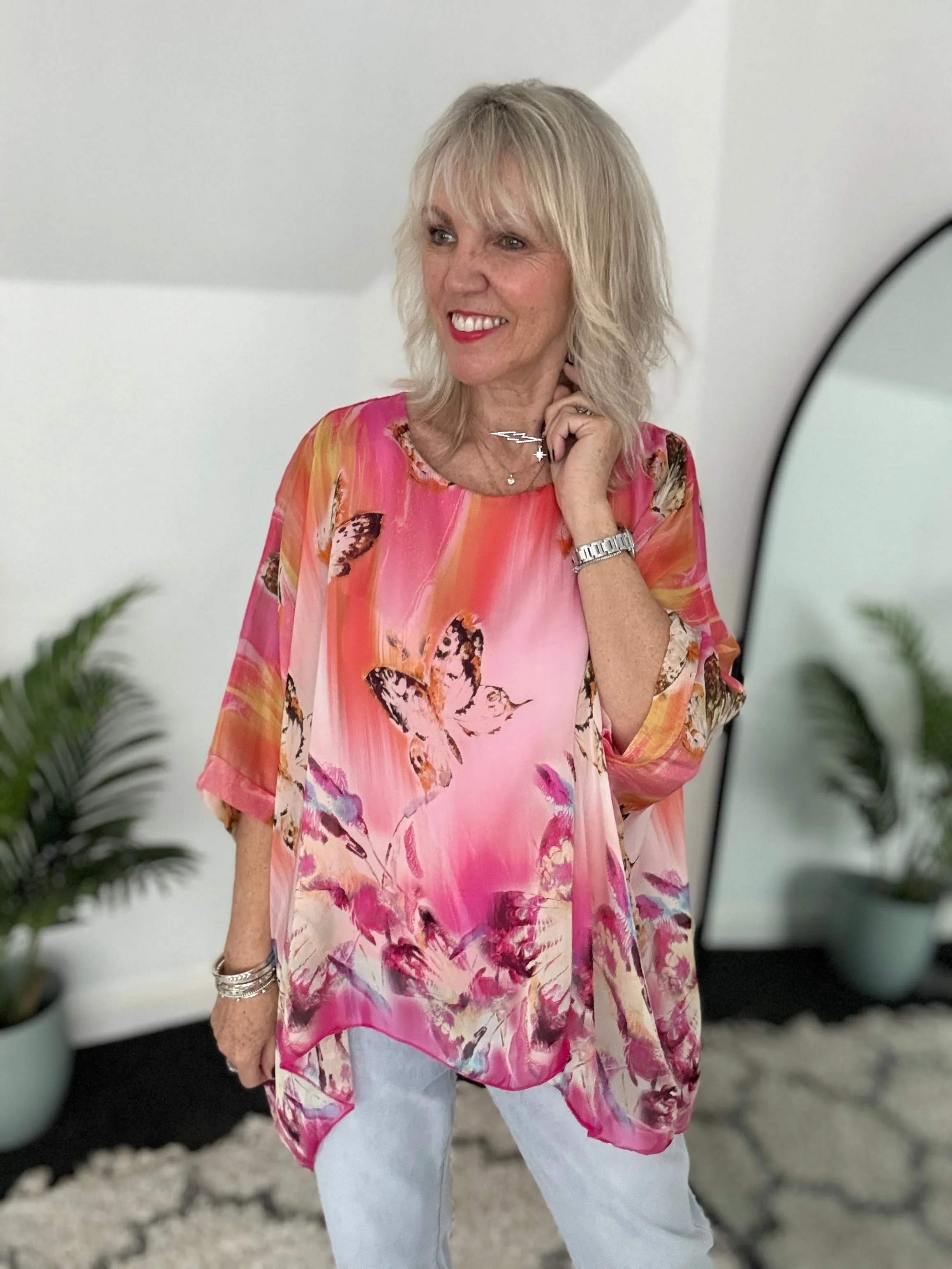 Silk Butterfly Top in Shades of Pink & Orange