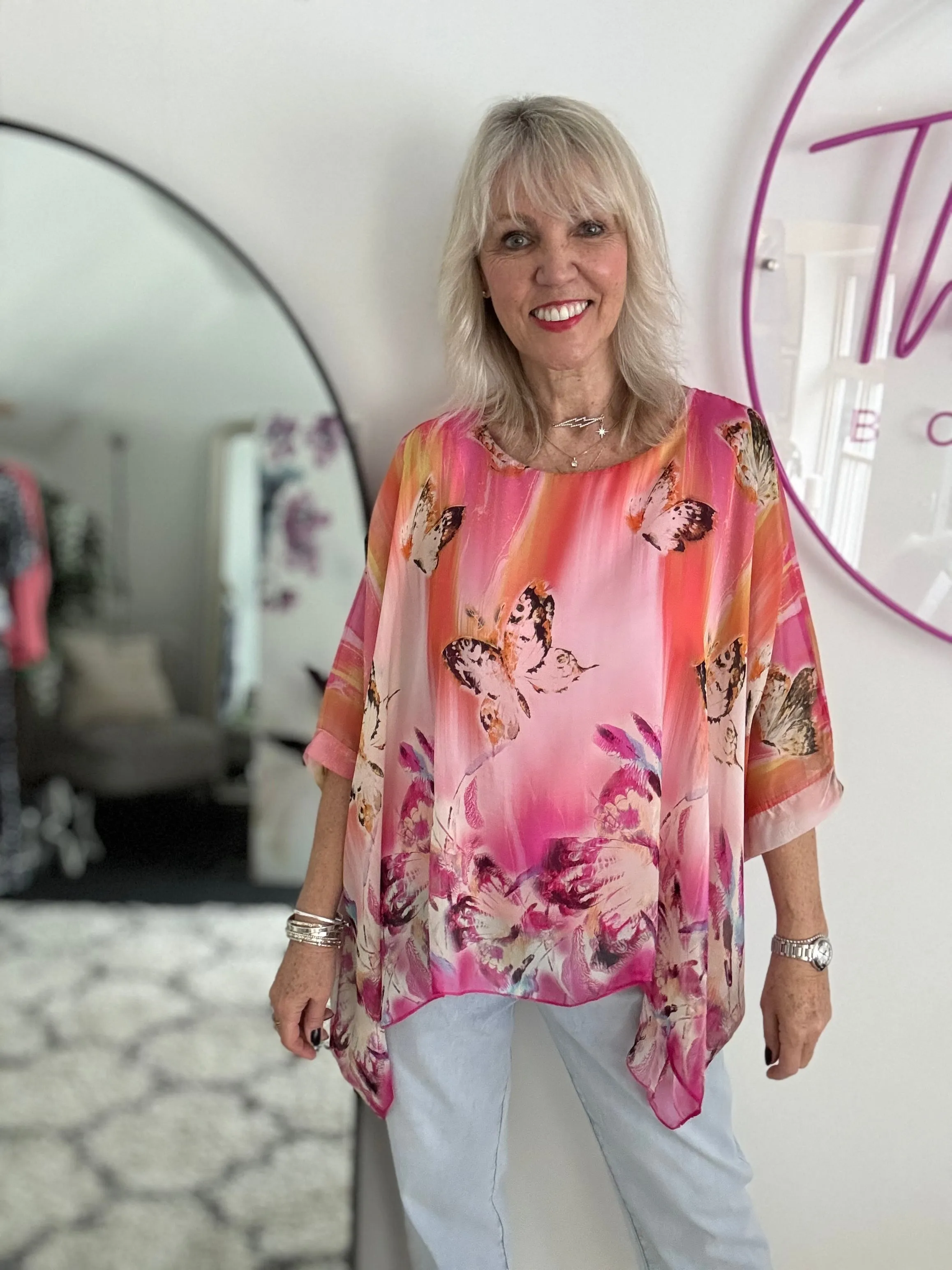 Silk Butterfly Top in Shades of Pink & Orange