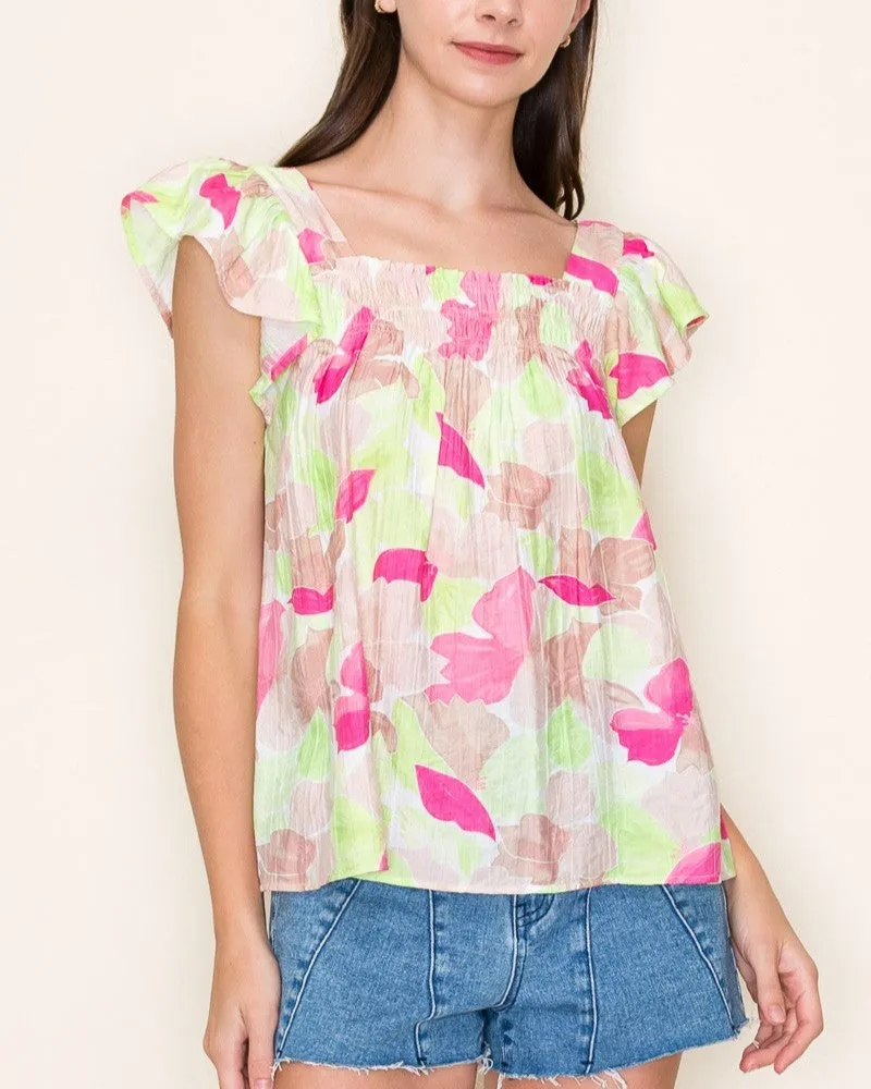 Smocked Chest Short Sleeve Floral Top - Pink/Taupe