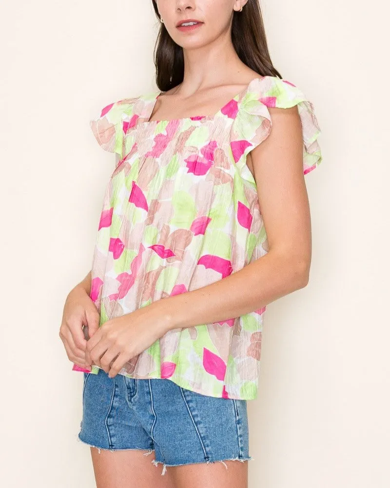 Smocked Chest Short Sleeve Floral Top - Pink/Taupe