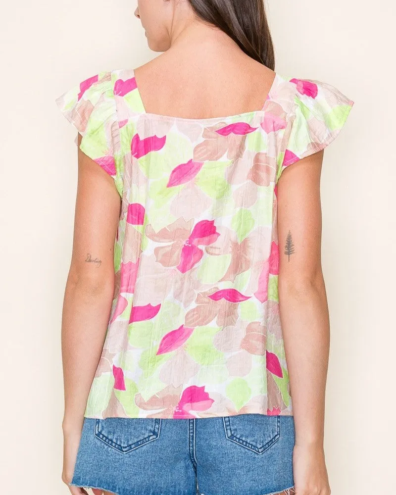 Smocked Chest Short Sleeve Floral Top - Pink/Taupe