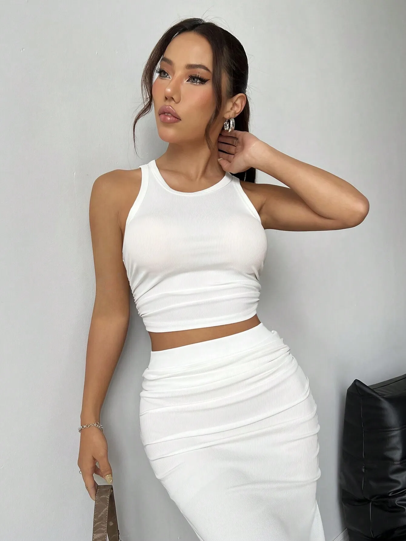Solid Color Cropped Cami Top And Side Split Skirt Set SS24