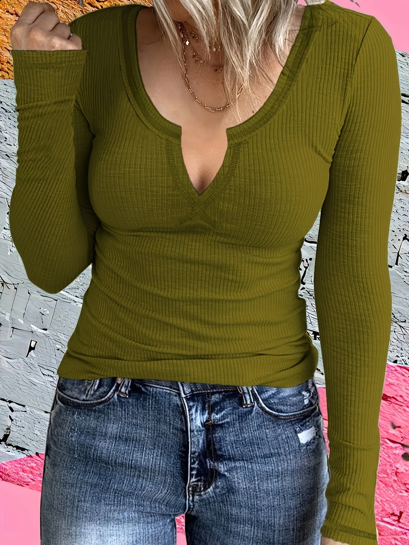 Solid Notch Neck T-Shirt, Long Sleeve, Casual, Women's Fall/Spring Top.
