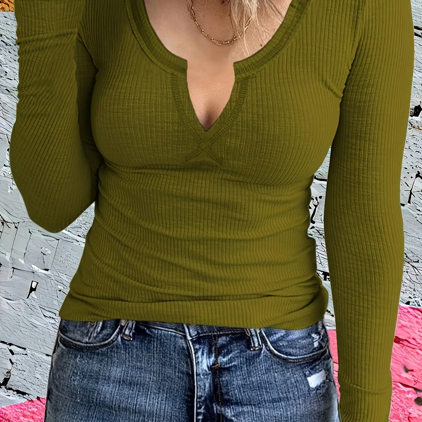 Solid Notch Neck T-Shirt, Long Sleeve, Casual, Women's Fall/Spring Top.