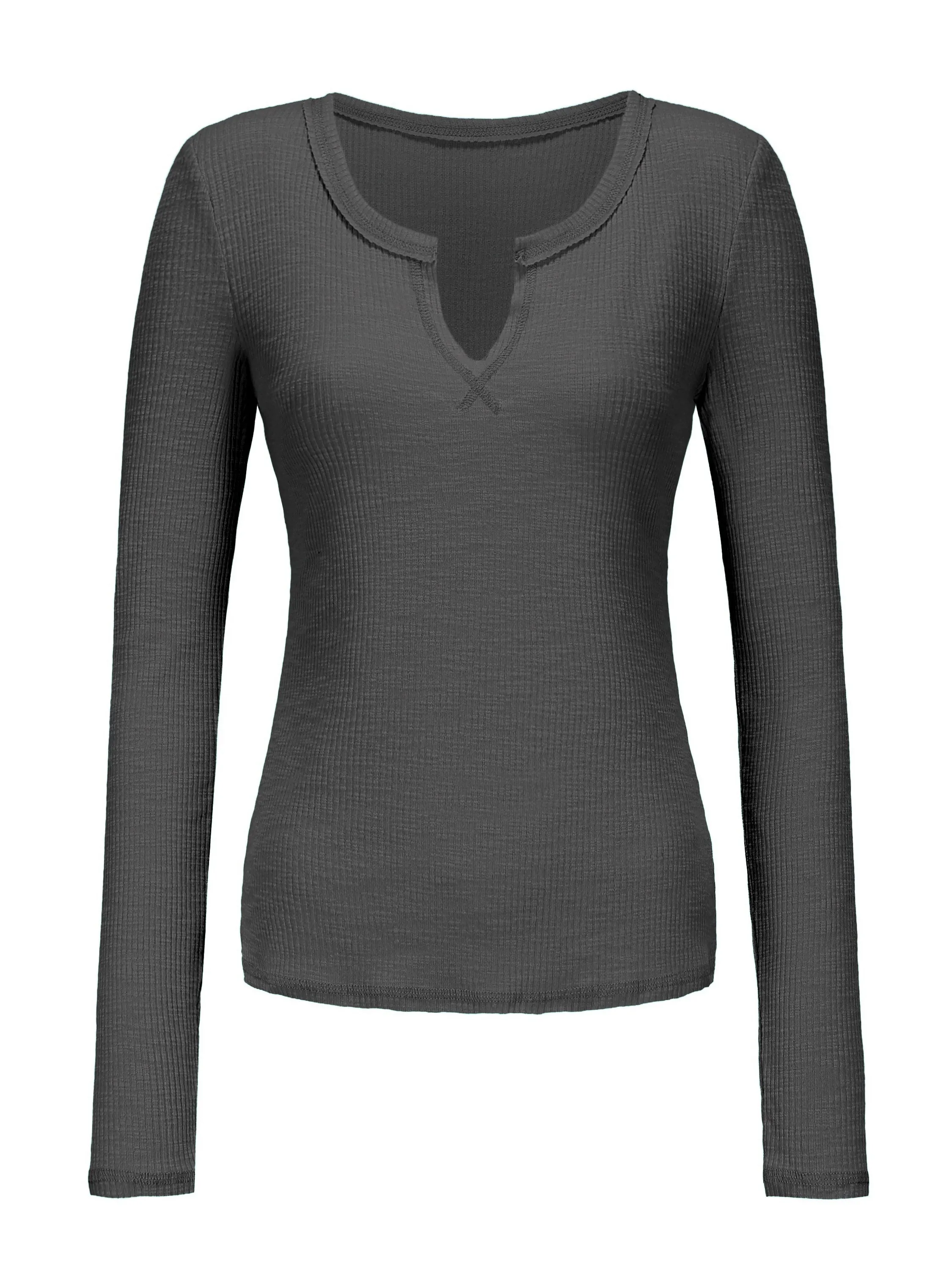 Solid Notch Neck T-Shirt, Long Sleeve, Casual, Women's Fall/Spring Top.