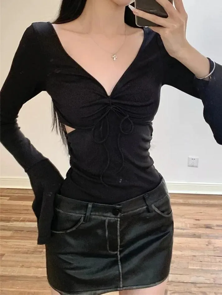 Solid V Neck Side Cutout Trumpet Sleeve Long Sleeve Knit