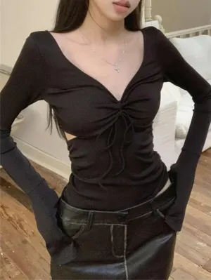 Solid V Neck Side Cutout Trumpet Sleeve Long Sleeve Knit