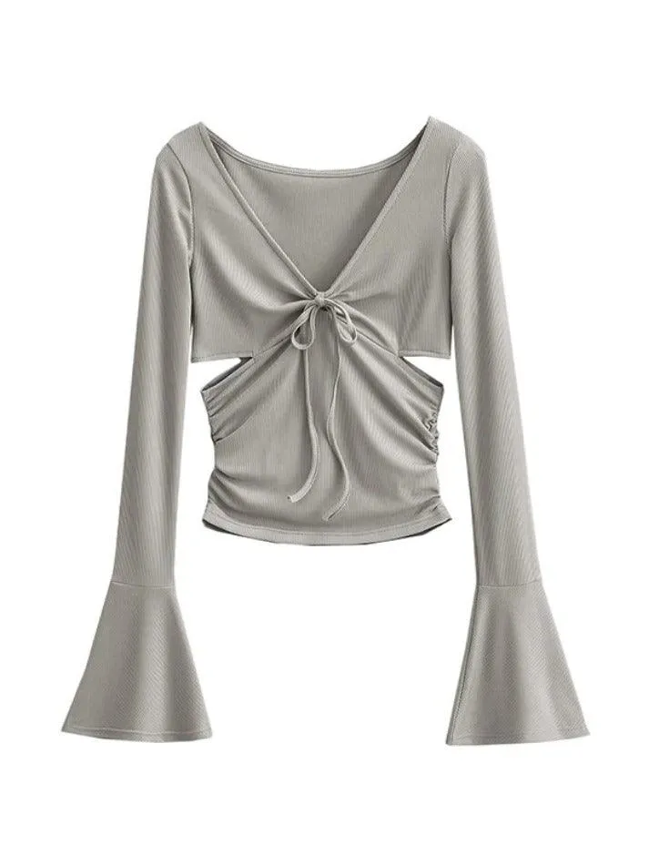 Solid V Neck Side Cutout Trumpet Sleeve Long Sleeve Knit