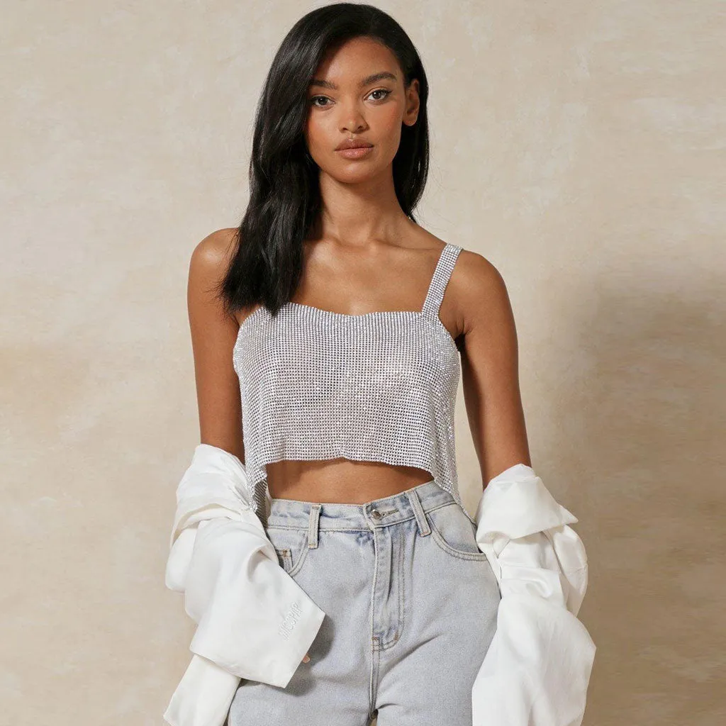 Sparkly Rhinestone Square Neck Crop Classic Metal Tank Top - Gold