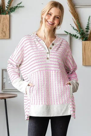 Stripe and Solid Contrast Hoodie Top in Cream/Pink
