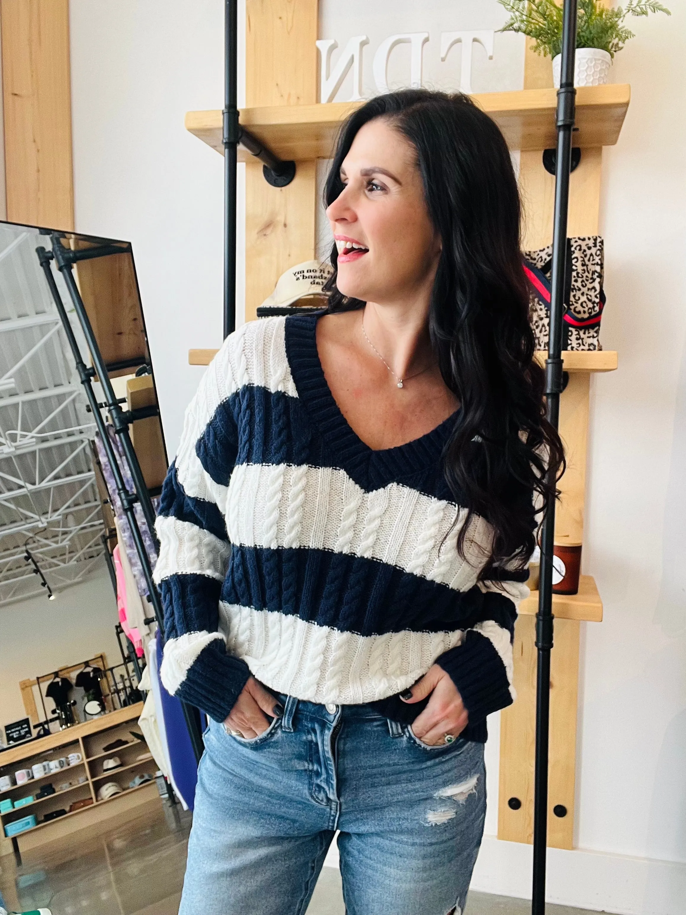Stripe V Neck Cable Sweater - Navy