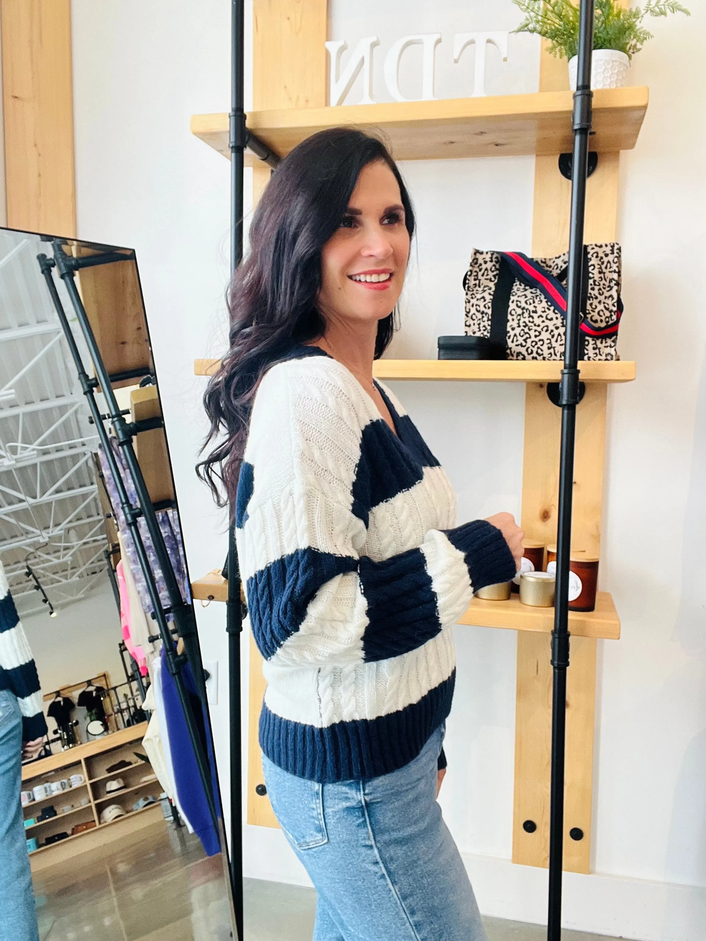 Stripe V Neck Cable Sweater - Navy