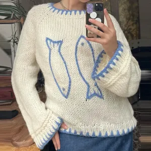 Toleet-Fish Contrast Color Warm Sweater Aesthetic Knitted Sweater Vintage Long Sleeve Crew Neck Pullover for Fall Winter Y2K Knitwear