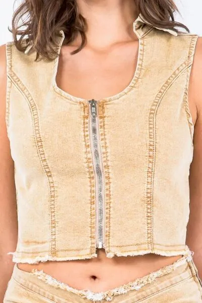Trendy Women's Washed Crop Denim Vest with Zip Closure