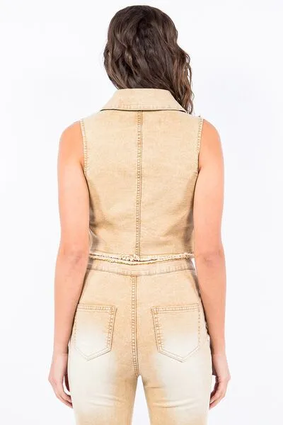 Trendy Women's Washed Crop Denim Vest with Zip Closure