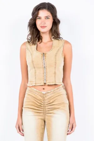 Trendy Women's Washed Crop Denim Vest with Zip Closure