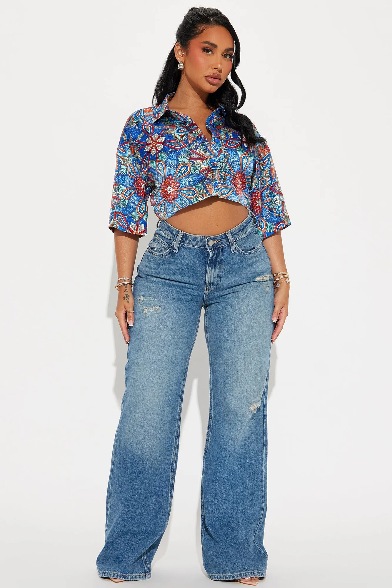 Twist And Turn Satin Shirt - Blue/combo
