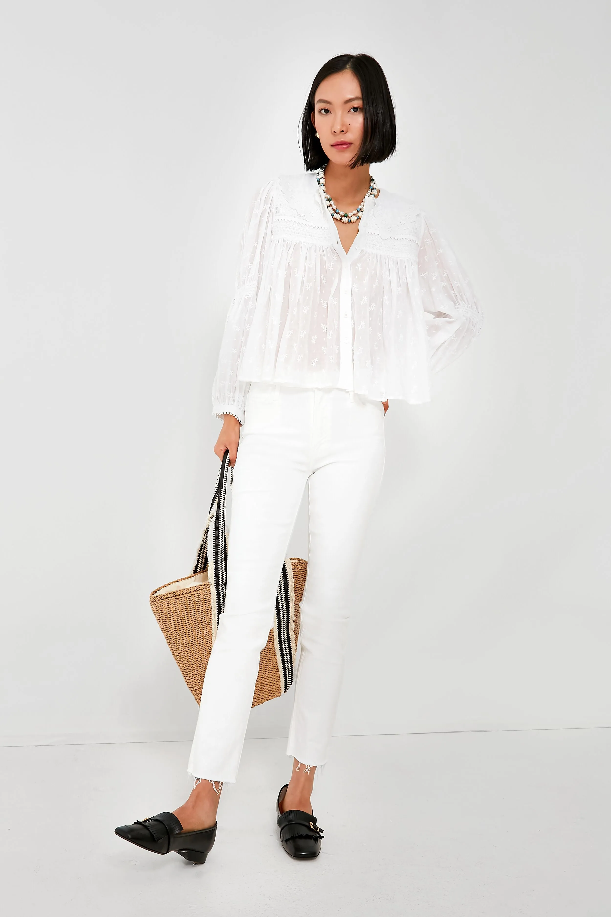 White Olga Hand Smocking Long Sleeve Top