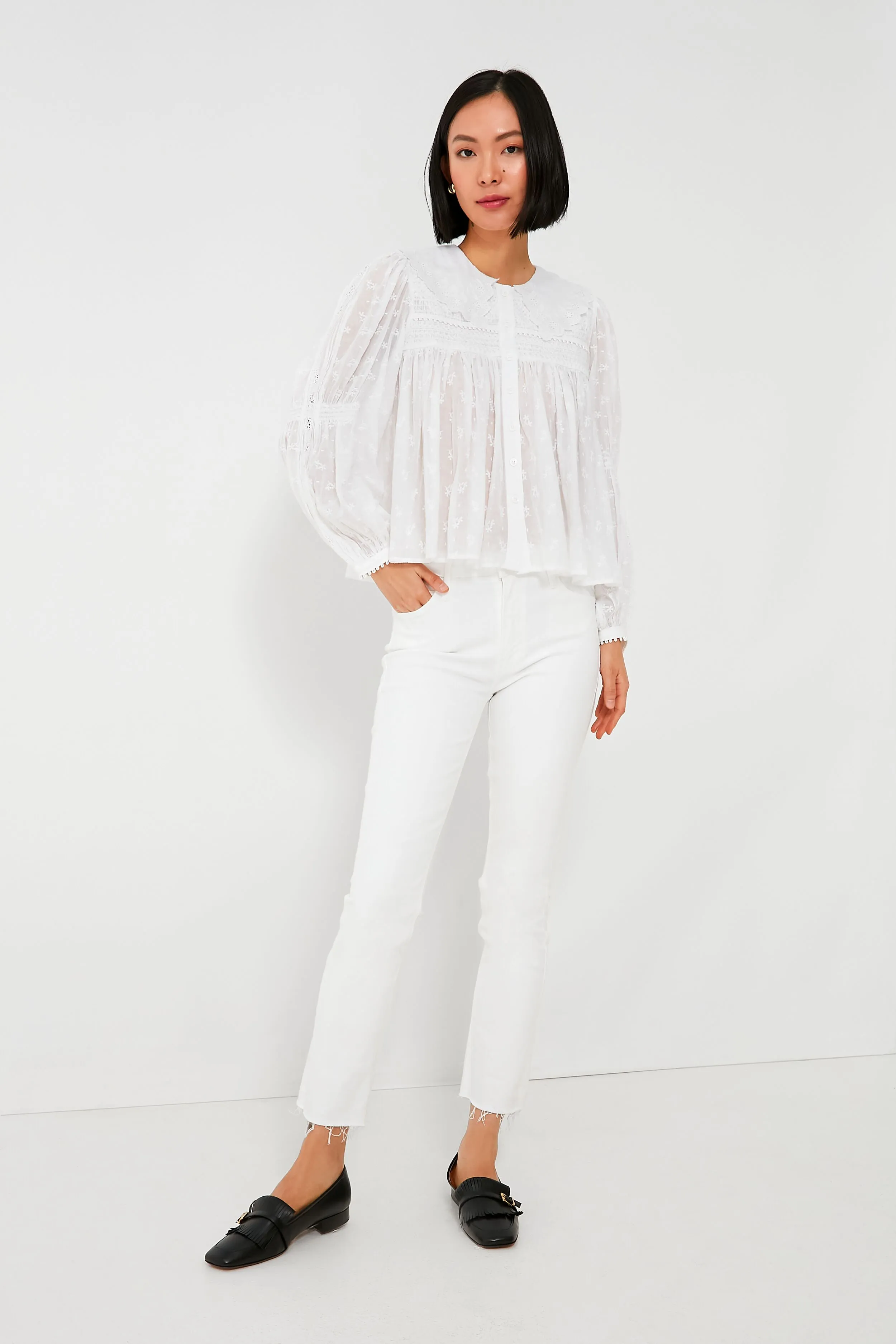 White Olga Hand Smocking Long Sleeve Top
