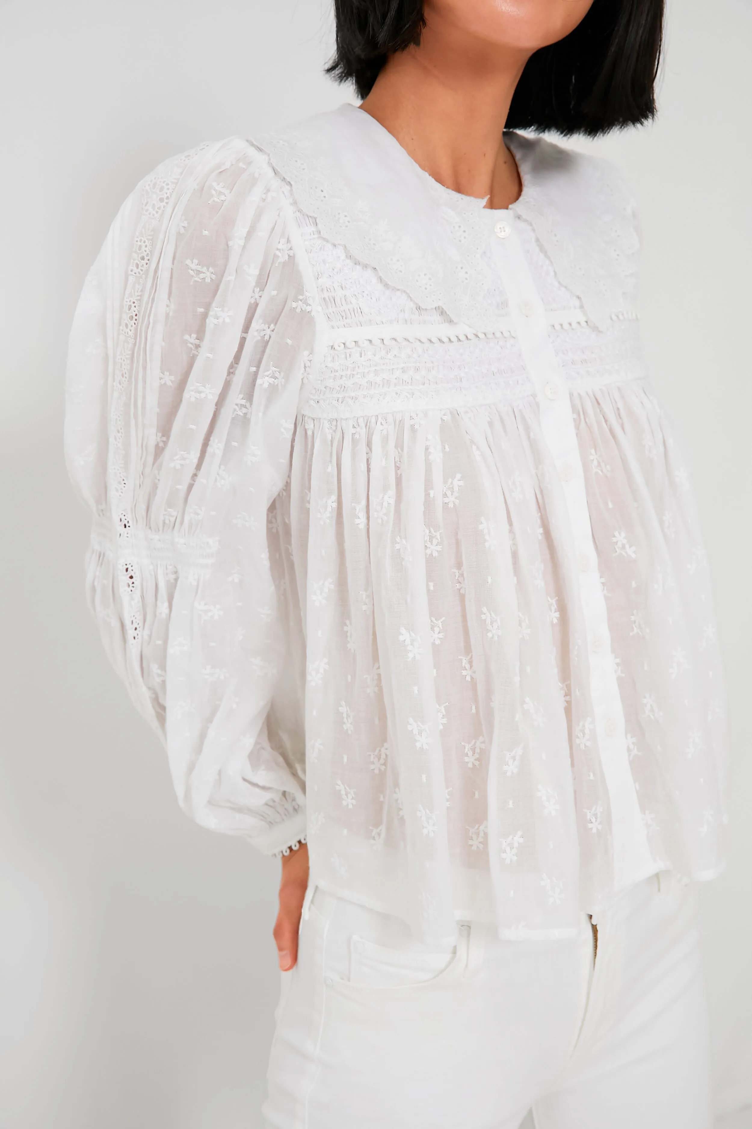 White Olga Hand Smocking Long Sleeve Top