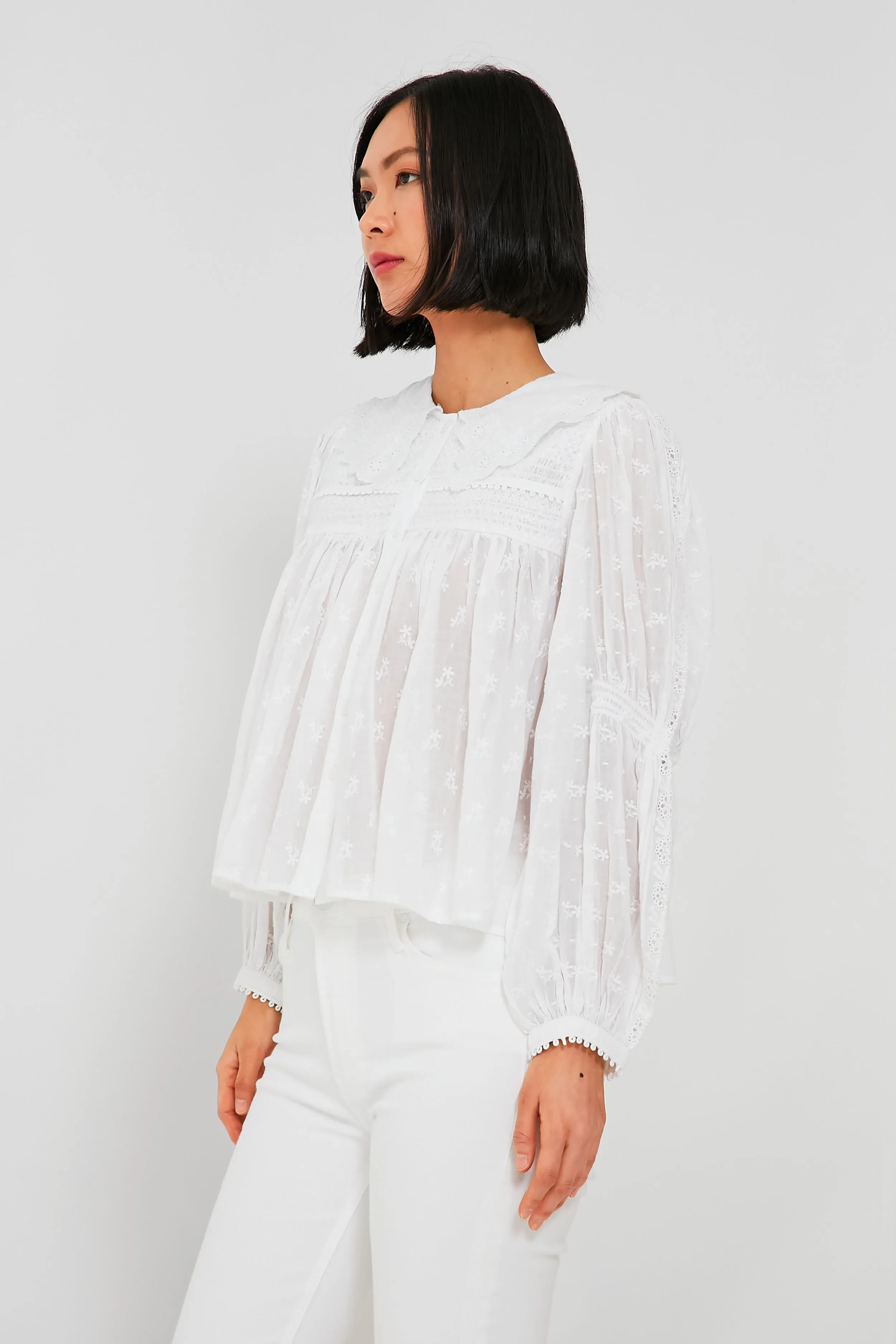 White Olga Hand Smocking Long Sleeve Top