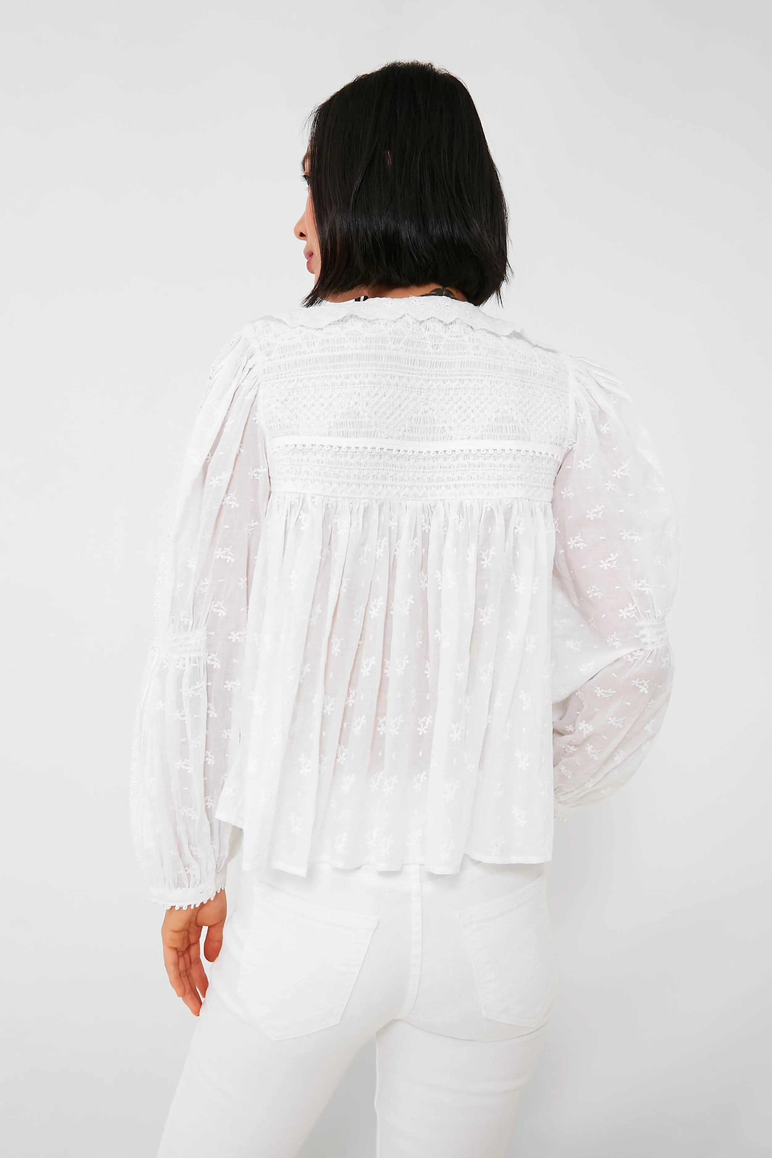 White Olga Hand Smocking Long Sleeve Top