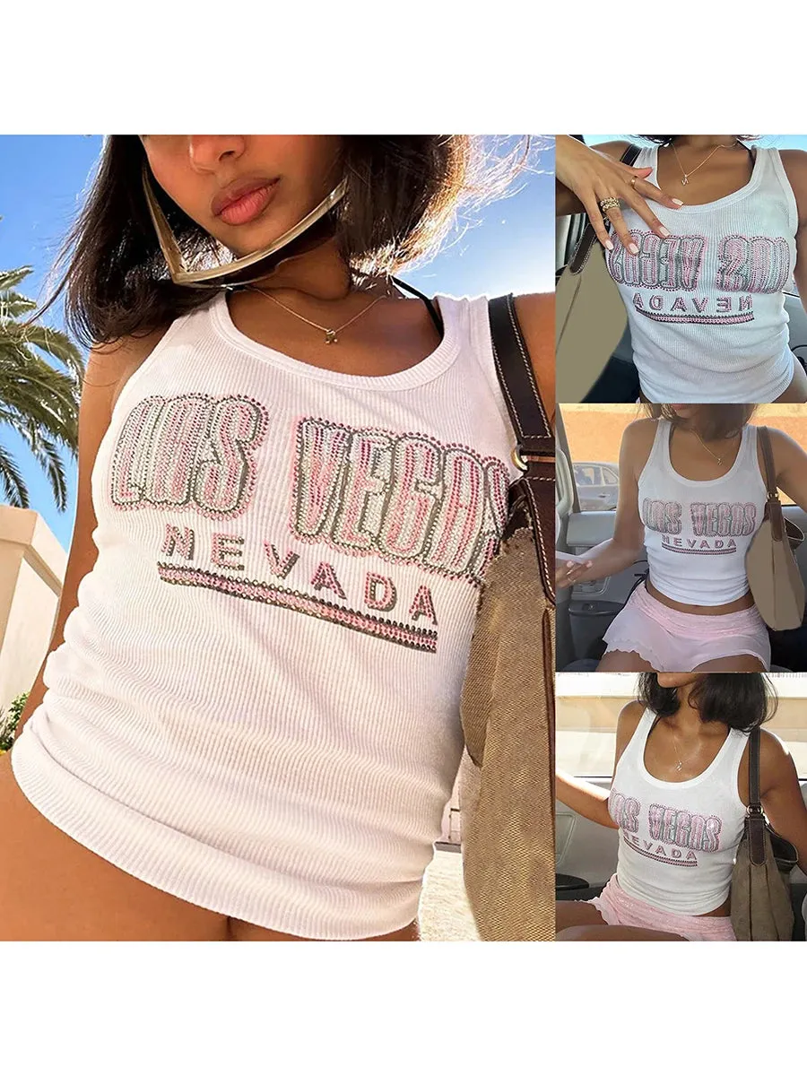 Women Y2K Fairy Print Sleeveless Crop Tank Top E-Girl Grunge Fashion