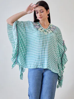 Women's Green Cotton Checks Top - The Kaftan Company