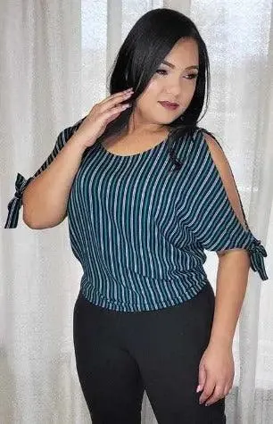 Women's Navy Blouse | Short Dolman Slit Sleeves with Stripes